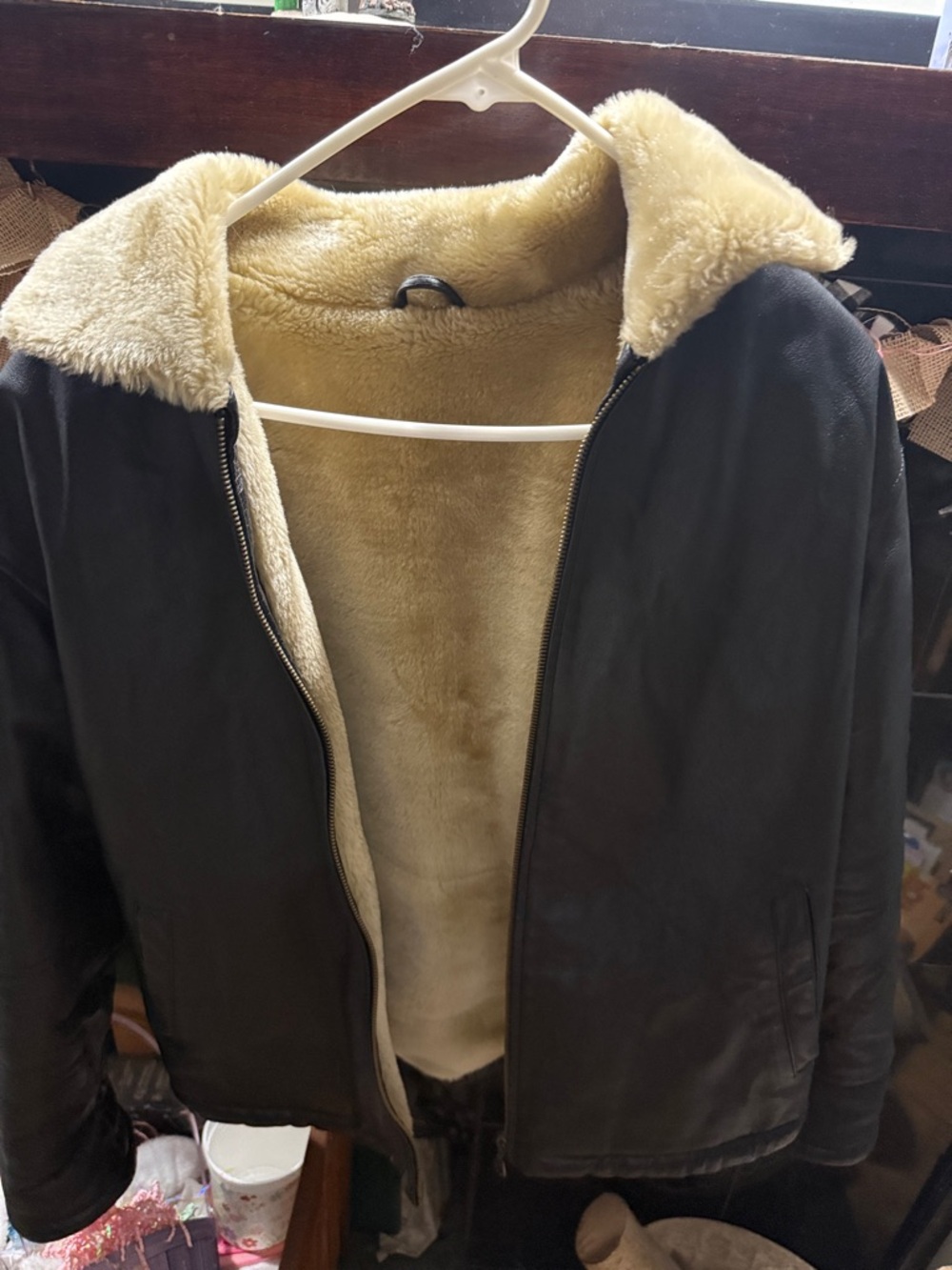 Black Leather Jacket with Cream Sherpa Lining - Women's